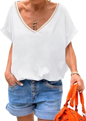 Tankaneo Womens Deep V Neck T-Shirts Oversized Casual Summer Loose Fit Short Sleeve Tops
