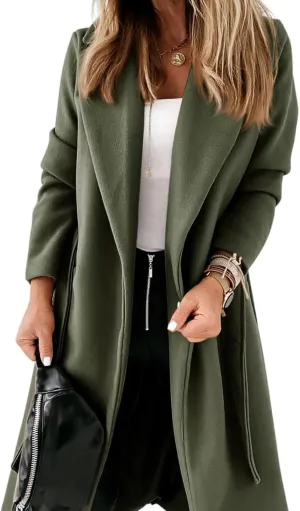 Tankaneo Womens Notched Lapel Collar Coats Open Front Long Jackets Overcoat with Belt