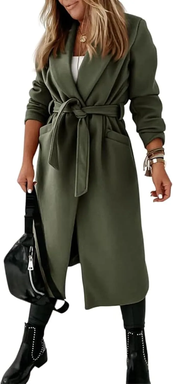Tankaneo Womens Notched Lapel Collar Coats Open Front Long Jackets Overcoat with Belt