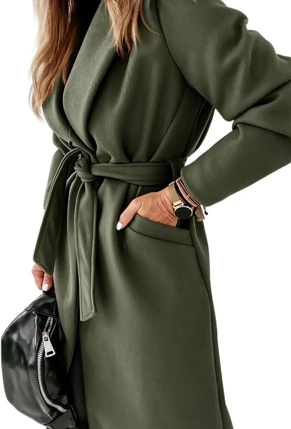 Tankaneo Womens Notched Lapel Collar Coats Open Front Long Jackets Overcoat with Belt