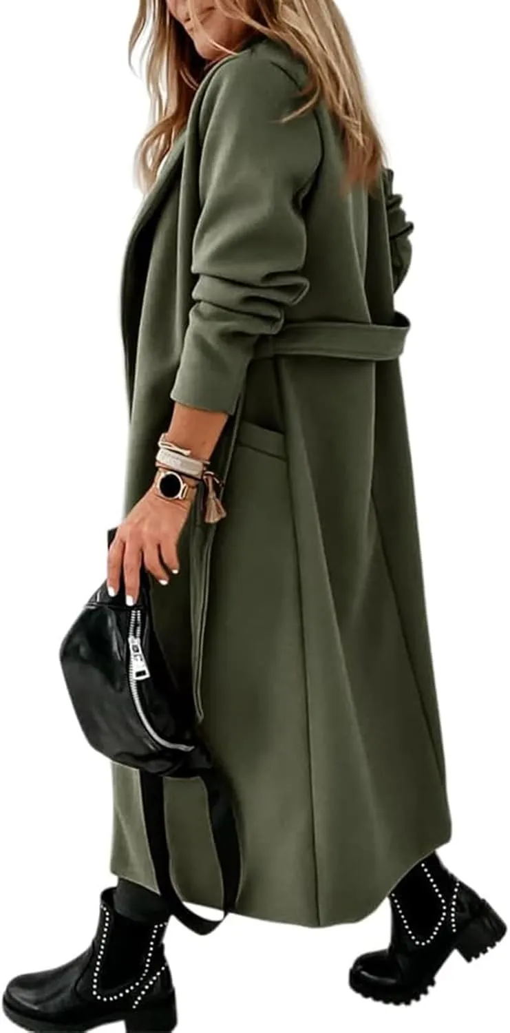 Tankaneo Womens Notched Lapel Collar Coats Open Front Long Jackets Overcoat with Belt