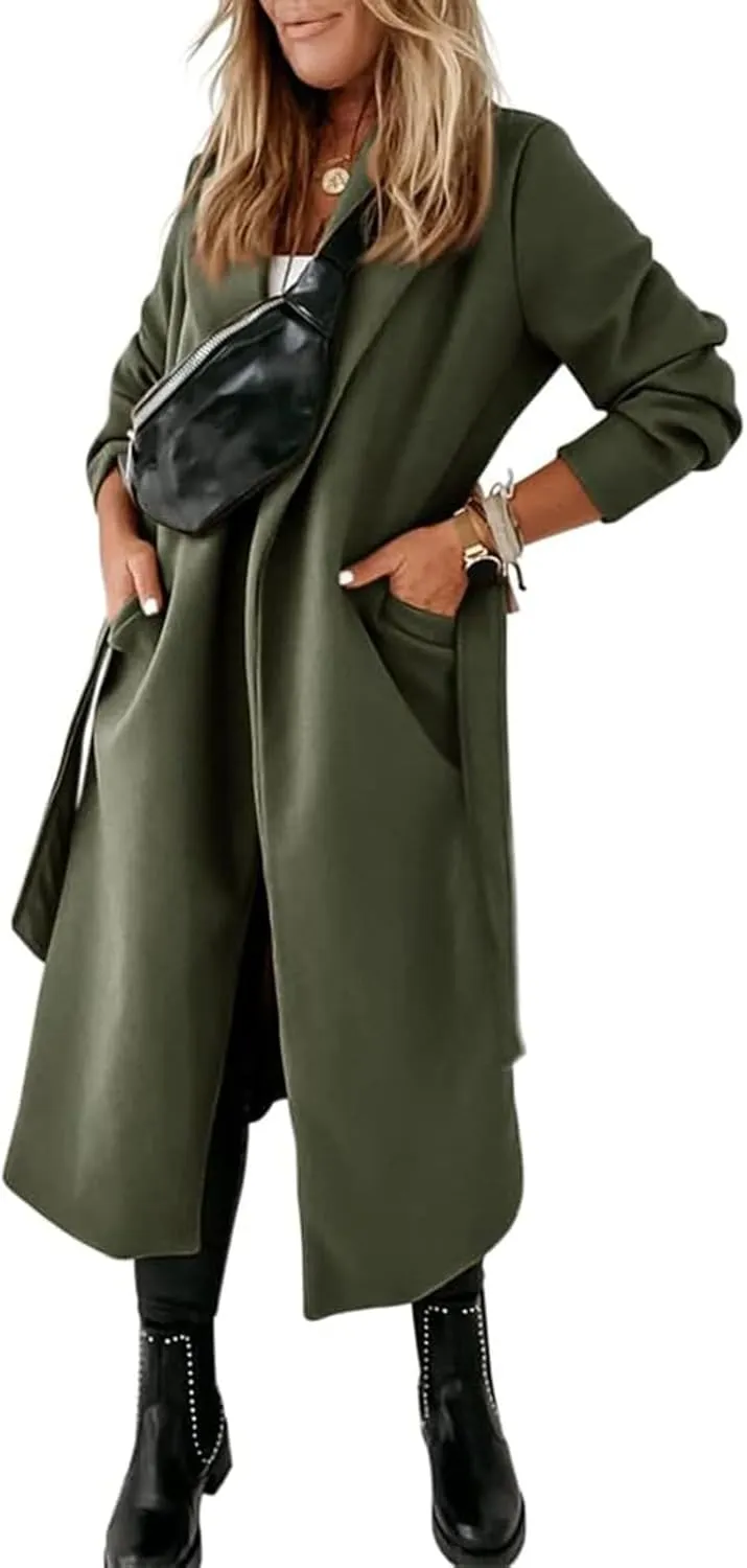 Tankaneo Womens Notched Lapel Collar Coats Open Front Long Jackets Overcoat with Belt