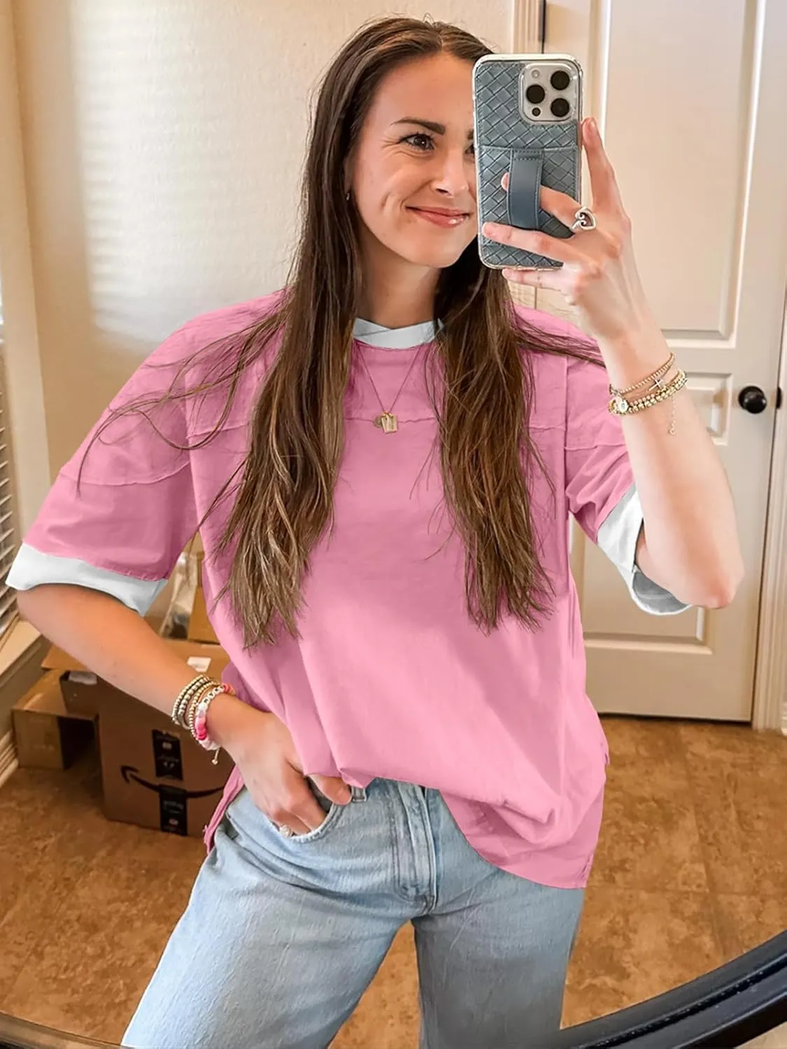 Tankaneo Womens Oversized T Shirts Casual Summer Short Sleeve Color Block Loose Fit Tunic Tops