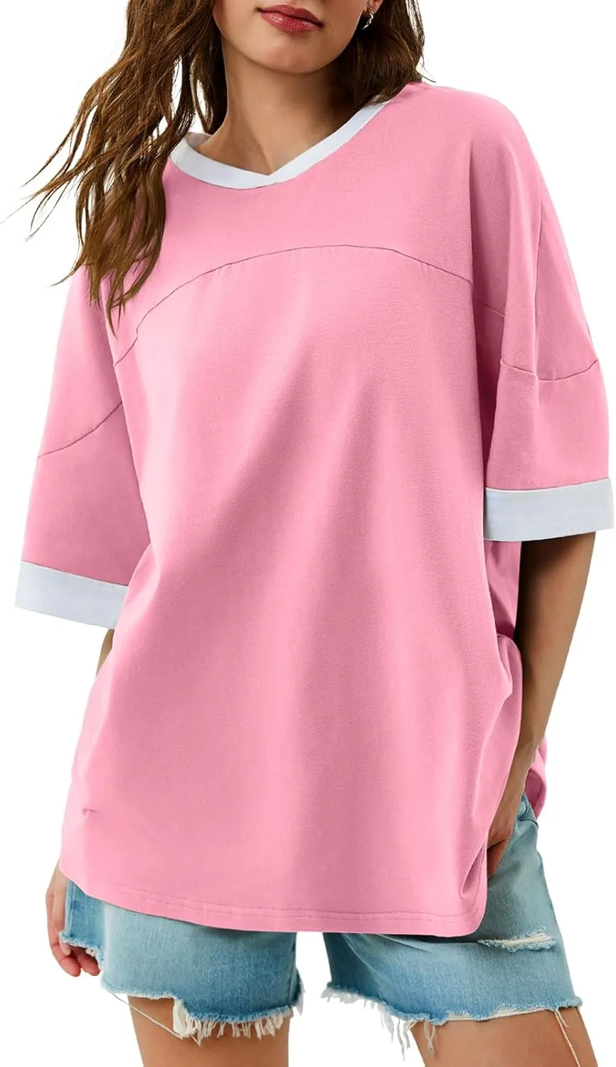 Tankaneo Womens Oversized T Shirts Casual Summer Short Sleeve Color Block Loose Fit Tunic Tops