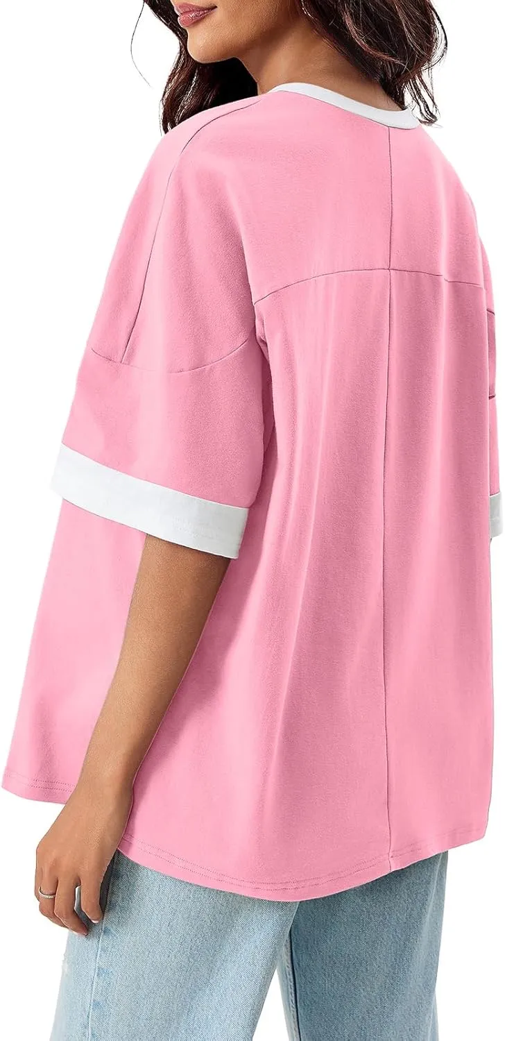 Tankaneo Womens Oversized T Shirts Casual Summer Short Sleeve Color Block Loose Fit Tunic Tops