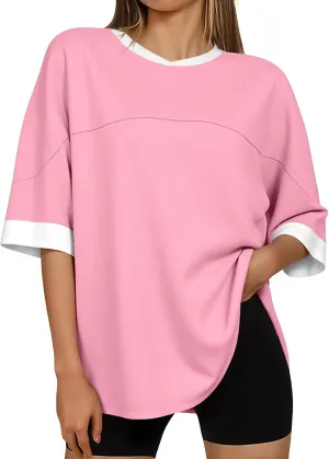 Tankaneo Womens Oversized T Shirts Casual Summer Short Sleeve Color Block Loose Fit Tunic Tops