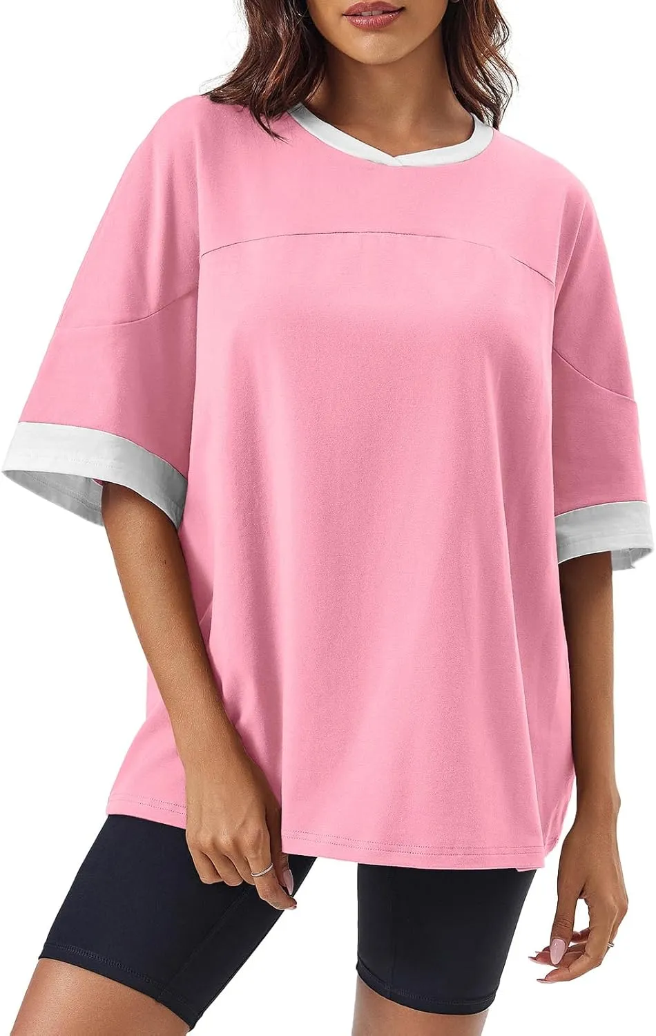 Tankaneo Womens Oversized T Shirts Casual Summer Short Sleeve Color Block Loose Fit Tunic Tops