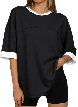 Tankaneo Womens Oversized T Shirts Casual Summer Short Sleeve Color Block Loose Fit Tunic Tops