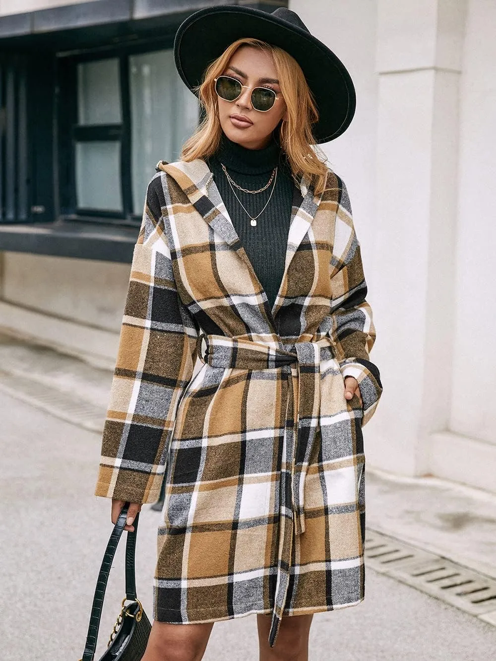 TIAFORD Women's Casual Flannel Plaid Wool Blend Plaid Hooded Coat Loose Long Sleeve Midi Jacket Outerwear with Belt