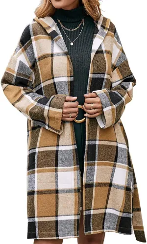 TIAFORD Women's Casual Flannel Plaid Wool Blend Plaid Hooded Coat Loose Long Sleeve Midi Jacket Outerwear with Belt