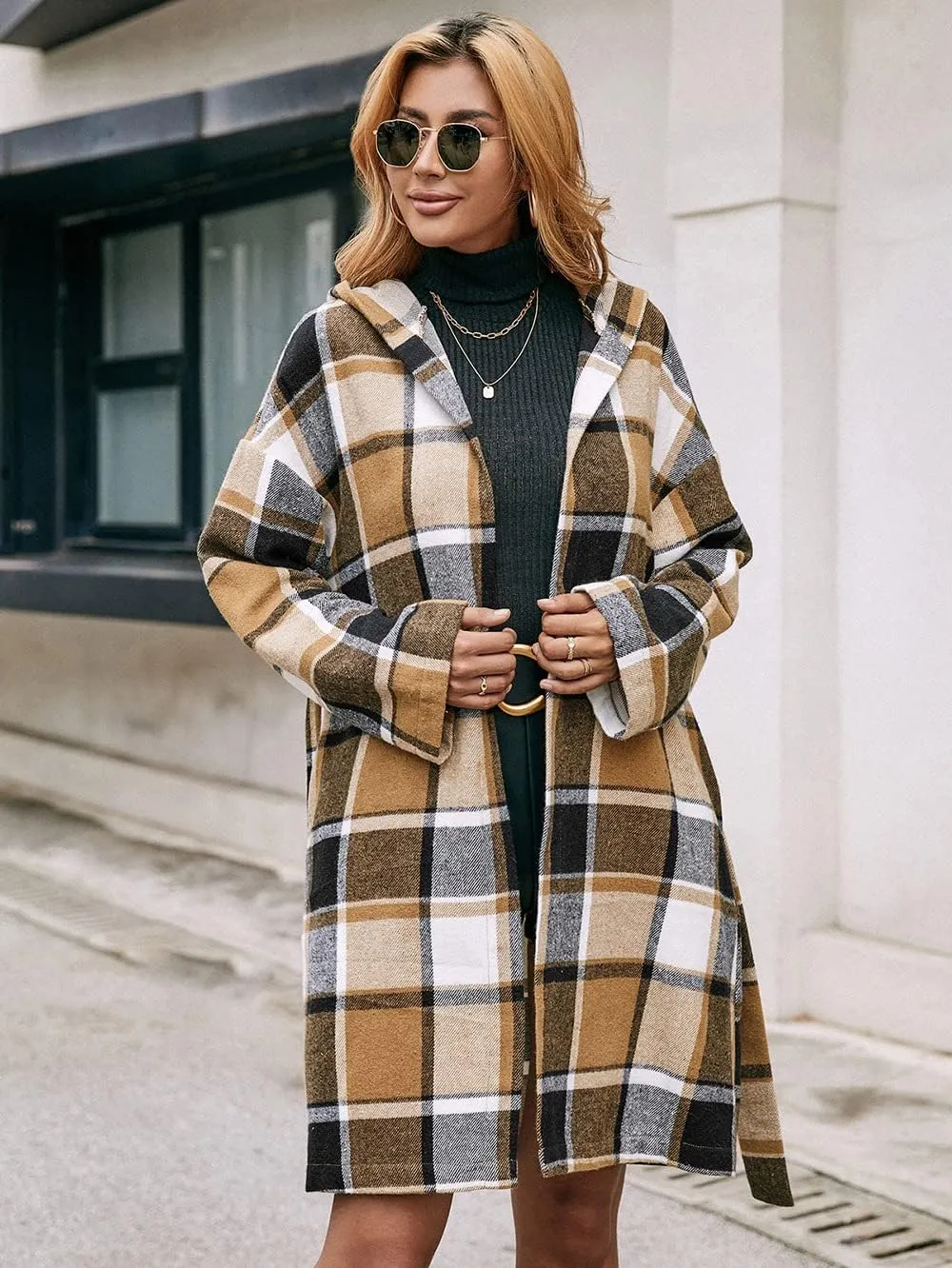 TIAFORD Women's Casual Flannel Plaid Wool Blend Plaid Hooded Coat Loose Long Sleeve Midi Jacket Outerwear with Belt