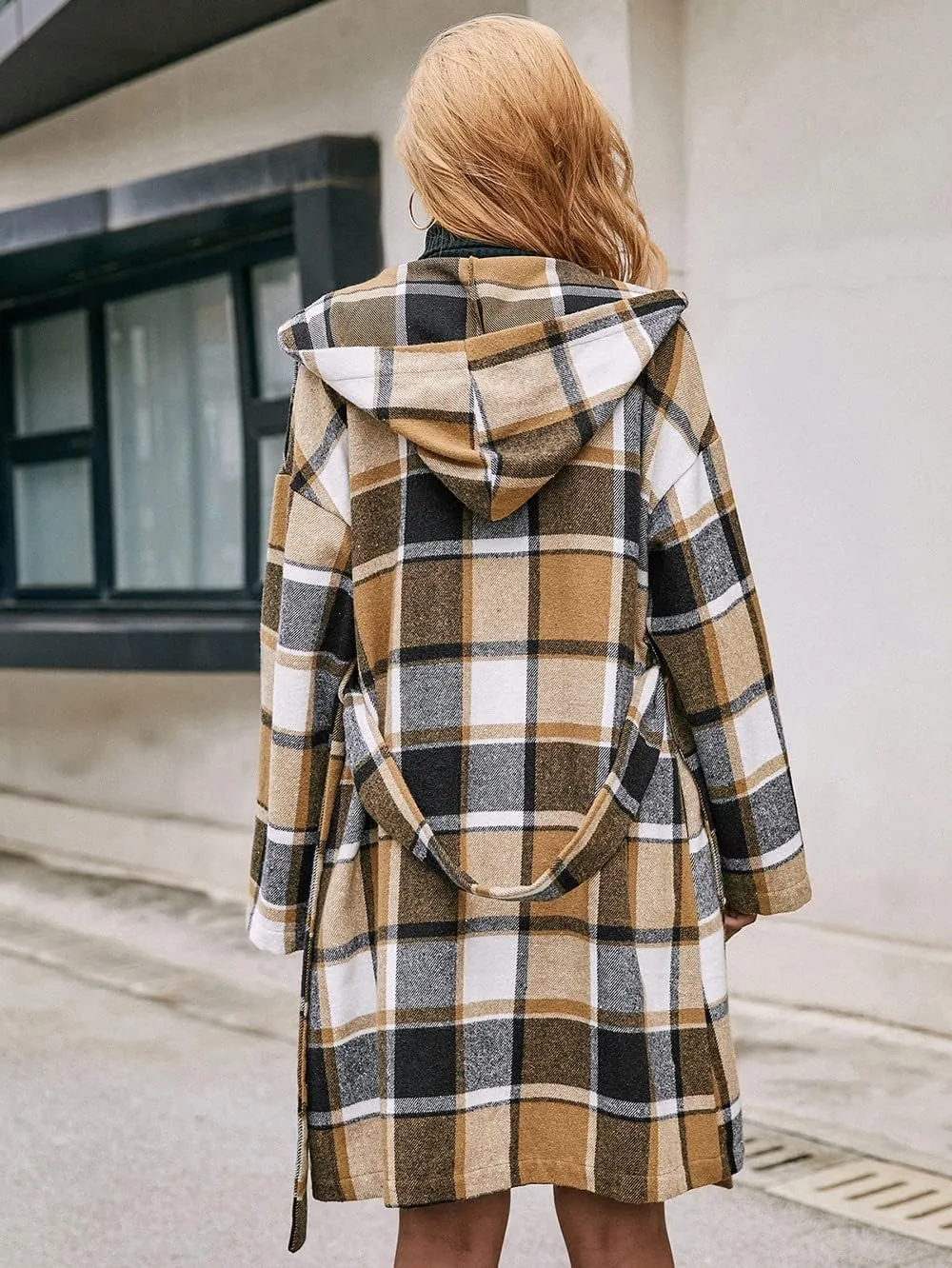 TIAFORD Women's Casual Flannel Plaid Wool Blend Plaid Hooded Coat Loose Long Sleeve Midi Jacket Outerwear with Belt