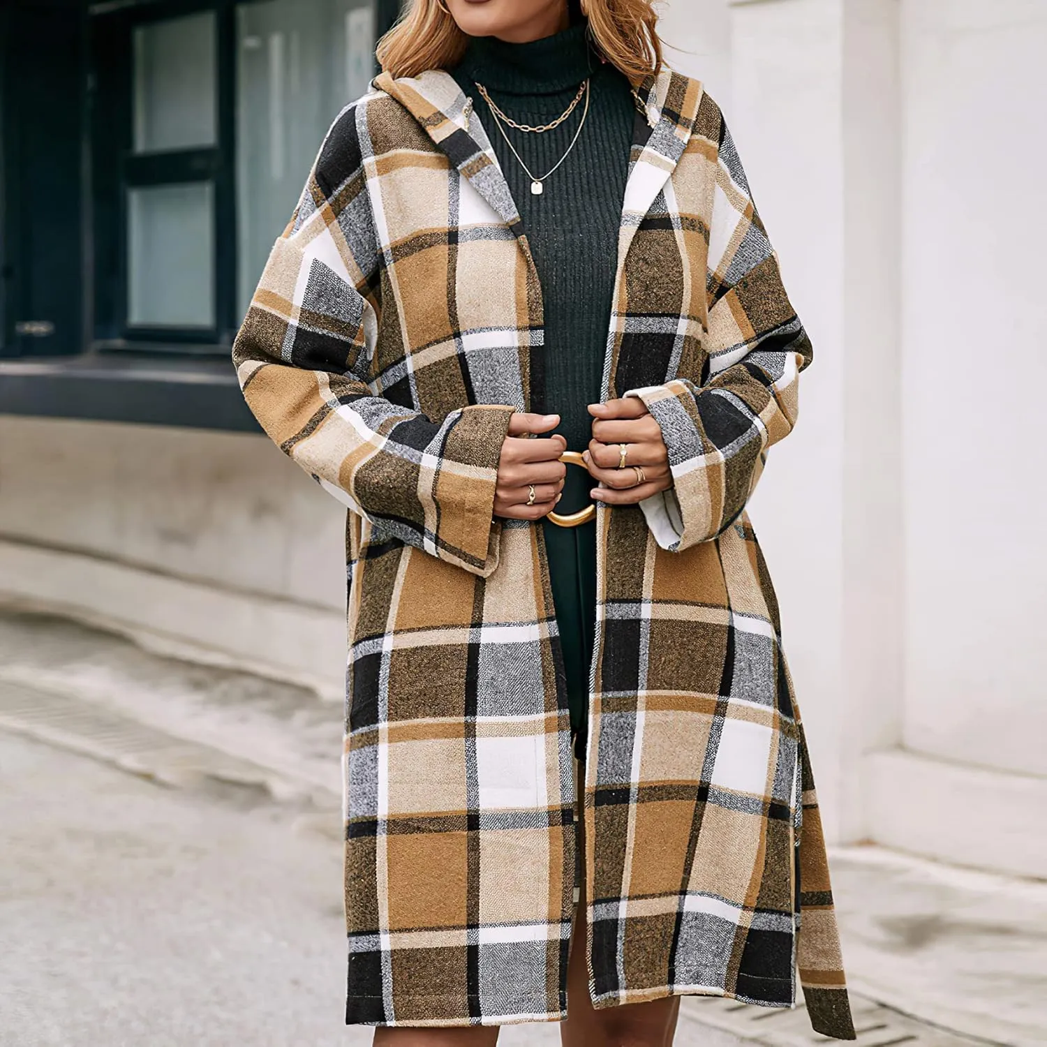 TIAFORD Women's Casual Flannel Plaid Wool Blend Plaid Hooded Coat Loose Long Sleeve Midi Jacket Outerwear with Belt