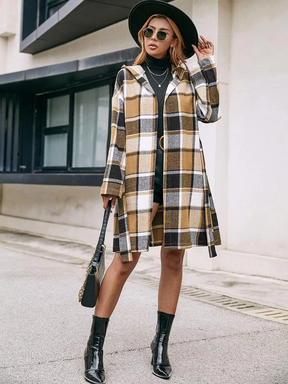 TIAFORD Women's Casual Flannel Plaid Wool Blend Plaid Hooded Coat Loose Long Sleeve Midi Jacket Outerwear with Belt