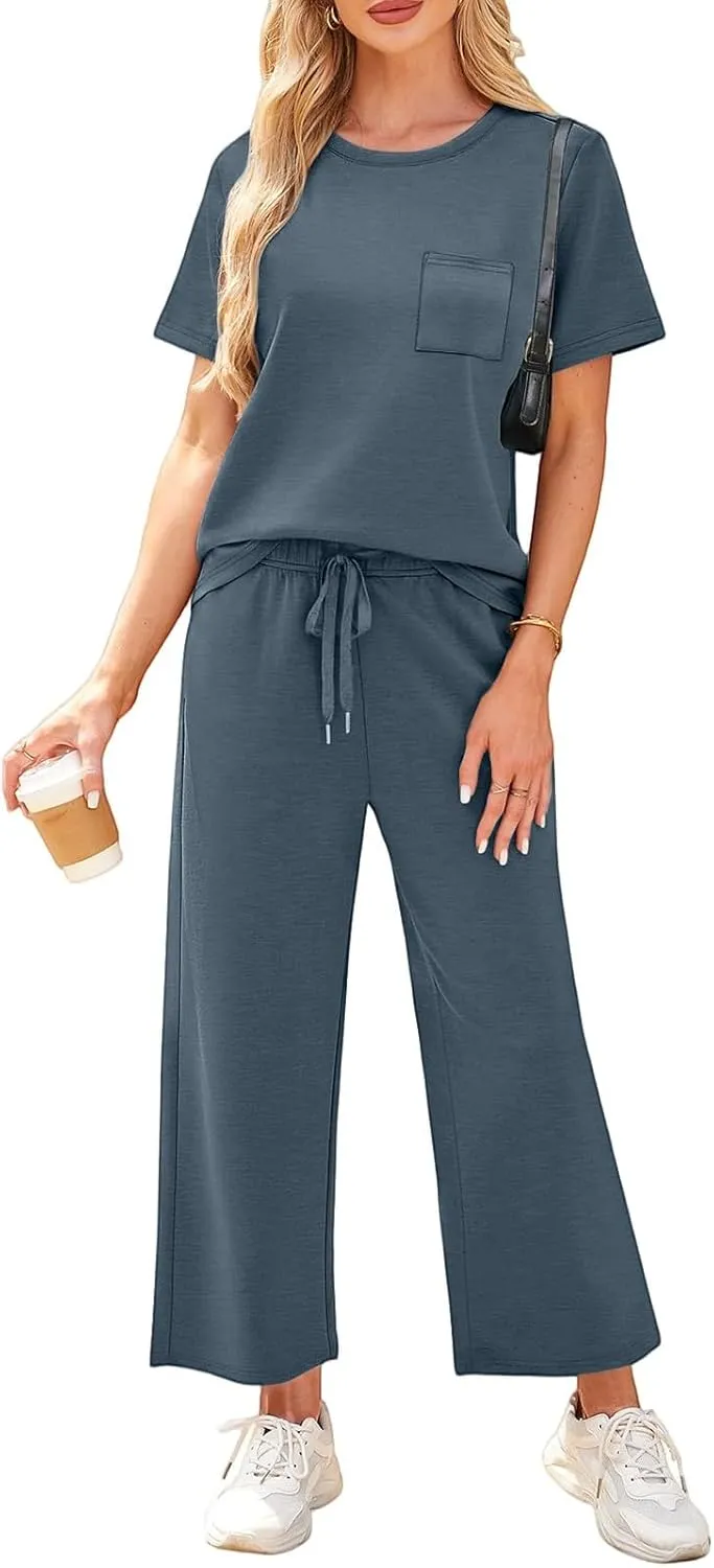 Two Piece Sets for Women Fitness Sport Lounge Clothing Short Sleeve Wide Leg Pants Summer Sets Travel 2025 Outfits