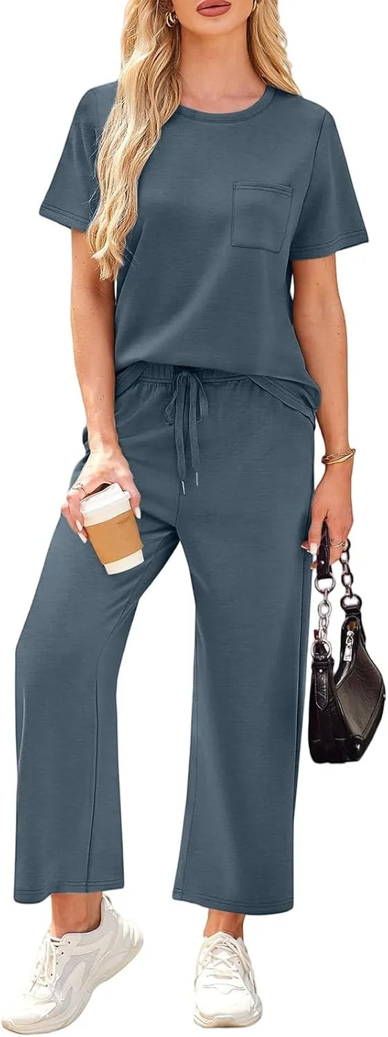 Two Piece Sets for Women Fitness Sport Lounge Clothing Short Sleeve Wide Leg Pants Summer Sets Travel 2025 Outfits