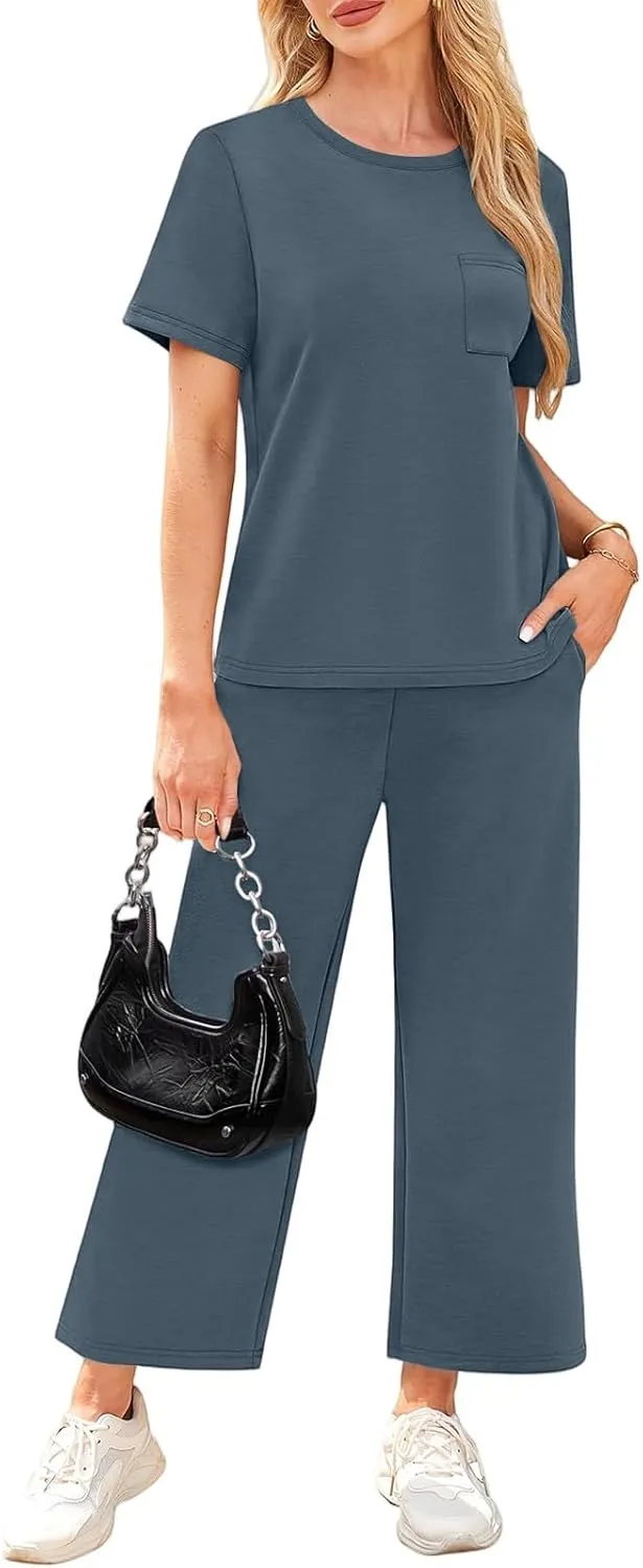 Two Piece Sets for Women Fitness Sport Lounge Clothing Short Sleeve Wide Leg Pants Summer Sets Travel 2025 Outfits