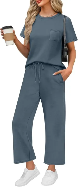 Two Piece Sets for Women Fitness Sport Lounge Clothing Short Sleeve Wide Leg Pants Summer Sets Travel 2025 Outfits