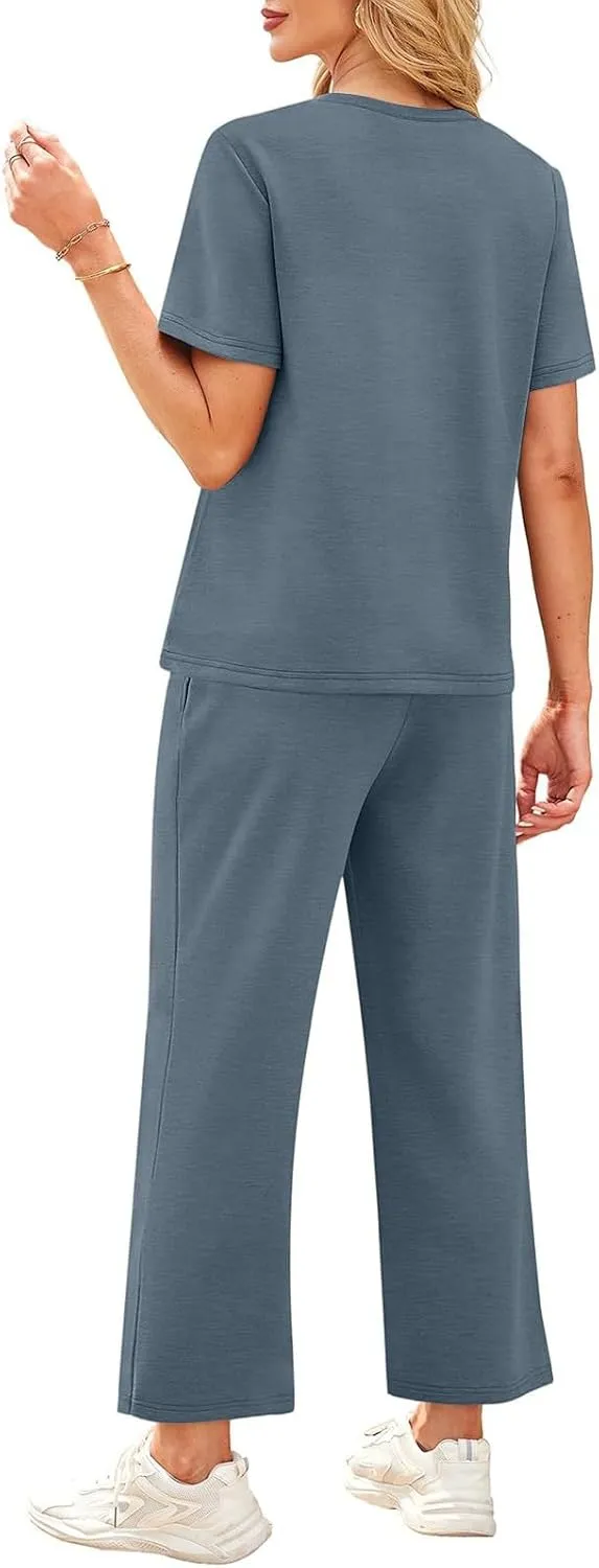 Two Piece Sets for Women Fitness Sport Lounge Clothing Short Sleeve Wide Leg Pants Summer Sets Travel 2025 Outfits