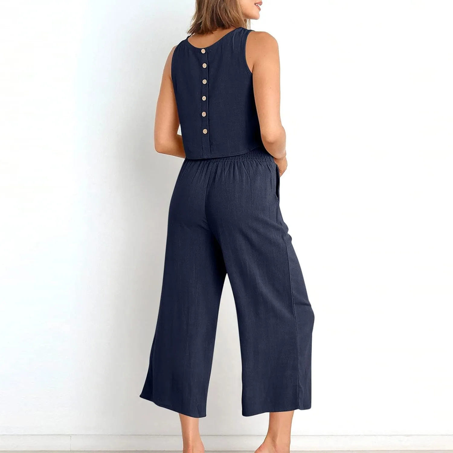 Two Piece Sets for Women Summer Vacation Outfits Sleeveless Crop Top Wide Leg Pants Lounge Beach Travel Clothing