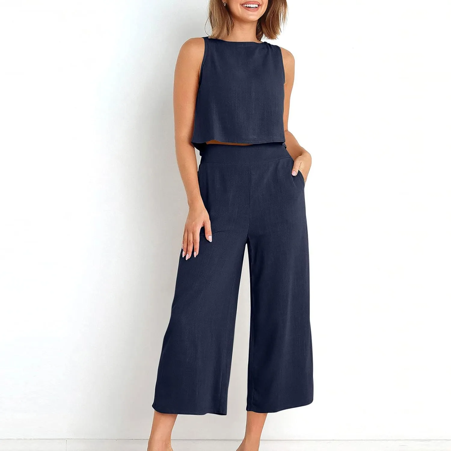 Two Piece Sets for Women Summer Vacation Outfits Sleeveless Crop Top Wide Leg Pants Lounge Beach Travel Clothing
