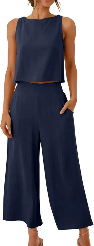 Two Piece Sets for Women Summer Vacation Outfits Sleeveless Crop Top Wide Leg Pants Lounge Beach Travel Clothing