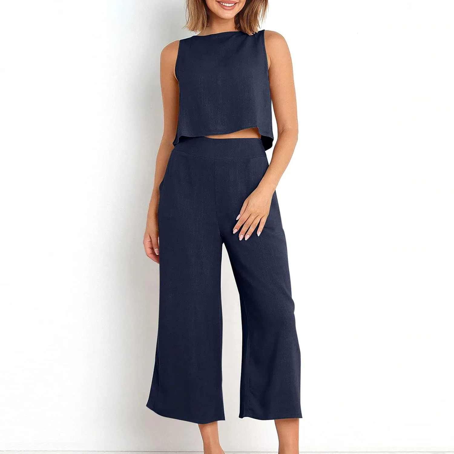 Two Piece Sets for Women Summer Vacation Outfits Sleeveless Crop Top Wide Leg Pants Lounge Beach Travel Clothing
