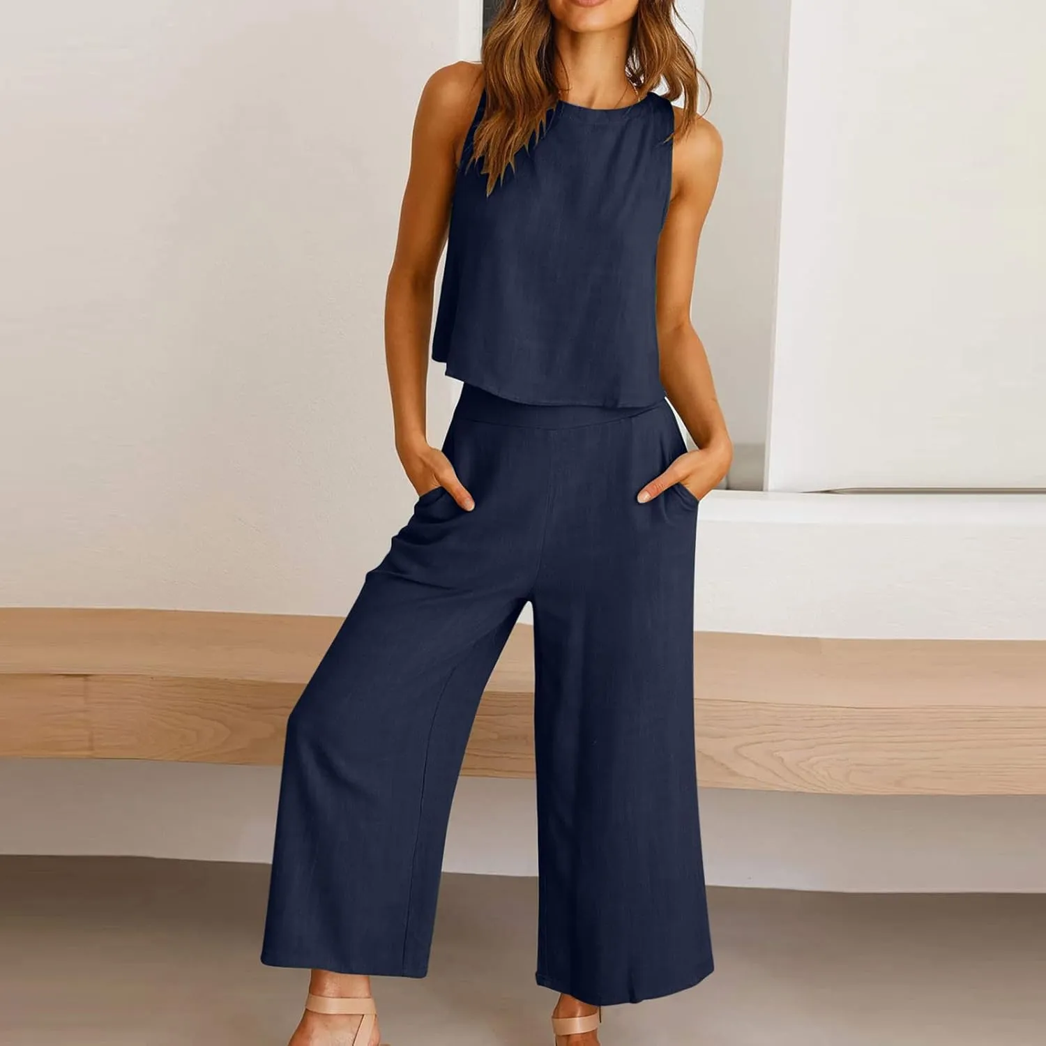 Two Piece Sets for Women Summer Vacation Outfits Sleeveless Crop Top Wide Leg Pants Lounge Beach Travel Clothing