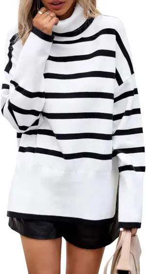 utcoco Womens Striped Sweater Turtleneck Jumper Tops Side Slit Oversized Knit Pullover 2024 Fall Winter