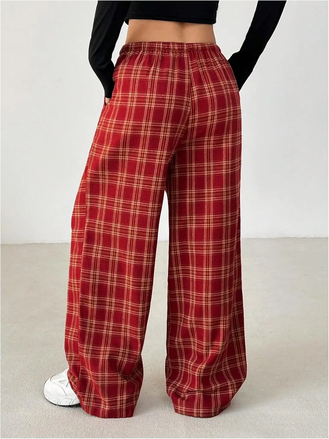 Verdusa Women's Y2k Plaid Drawstring Low Waist Pants Straight Leg Loose Trouser with Pocket