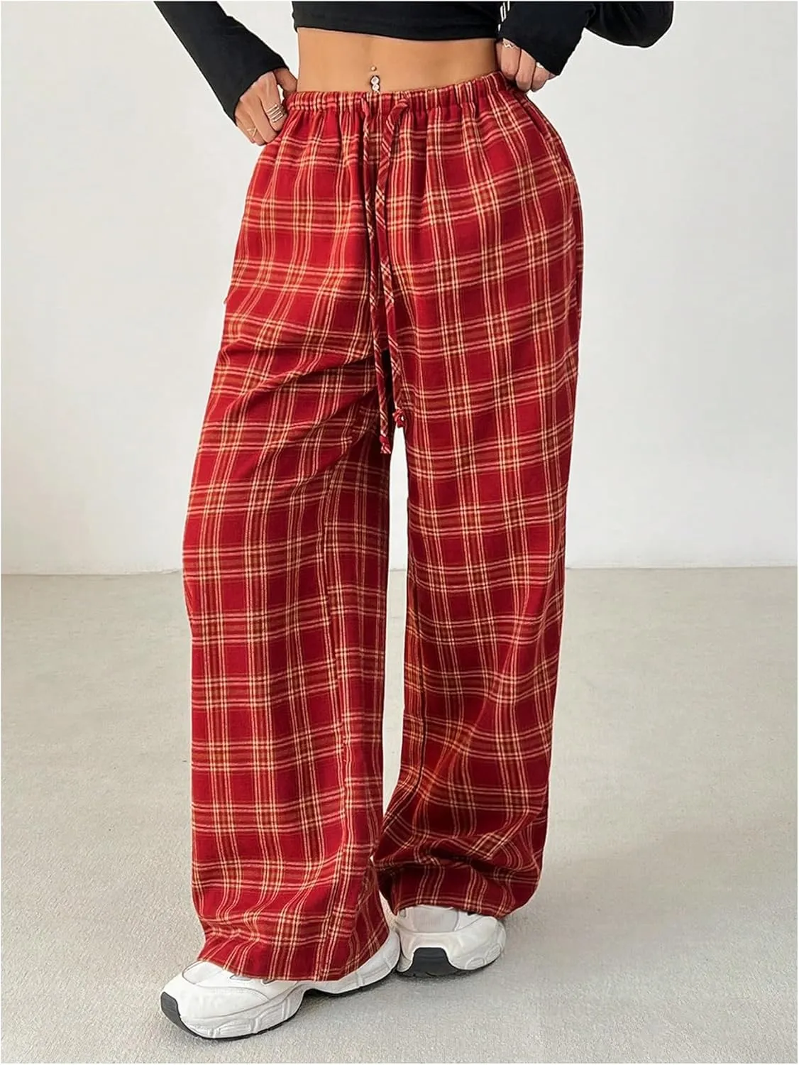 Verdusa Women's Y2k Plaid Drawstring Low Waist Pants Straight Leg Loose Trouser with Pocket