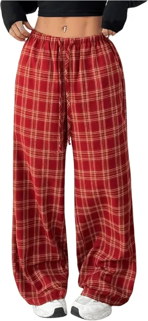Verdusa Women's Y2k Plaid Drawstring Low Waist Pants Straight Leg Loose Trouser with Pocket