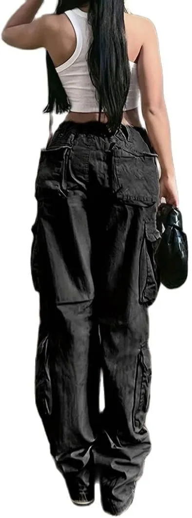Vintage Cargo Pants Baggy Jeans Women Fashion 90s Streetwear Pockets Wide Leg High Waist Straight Y2k Denim Trousers Overalls