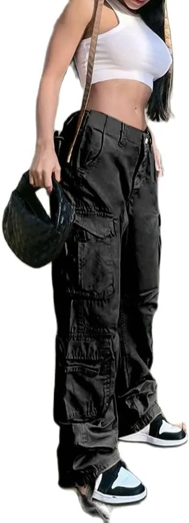Vintage Cargo Pants Baggy Jeans Women Fashion 90s Streetwear Pockets Wide Leg High Waist Straight Y2k Denim Trousers Overalls