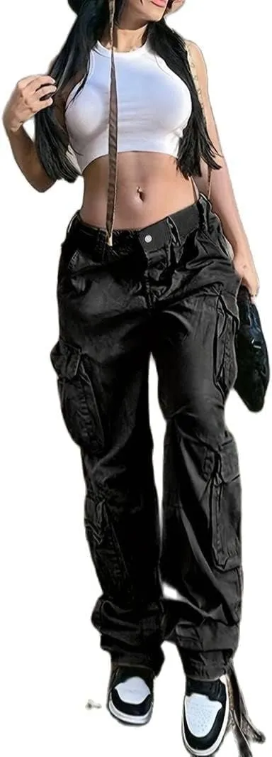 Vintage Cargo Pants Baggy Jeans Women Fashion 90s Streetwear Pockets Wide Leg High Waist Straight Y2k Denim Trousers Overalls