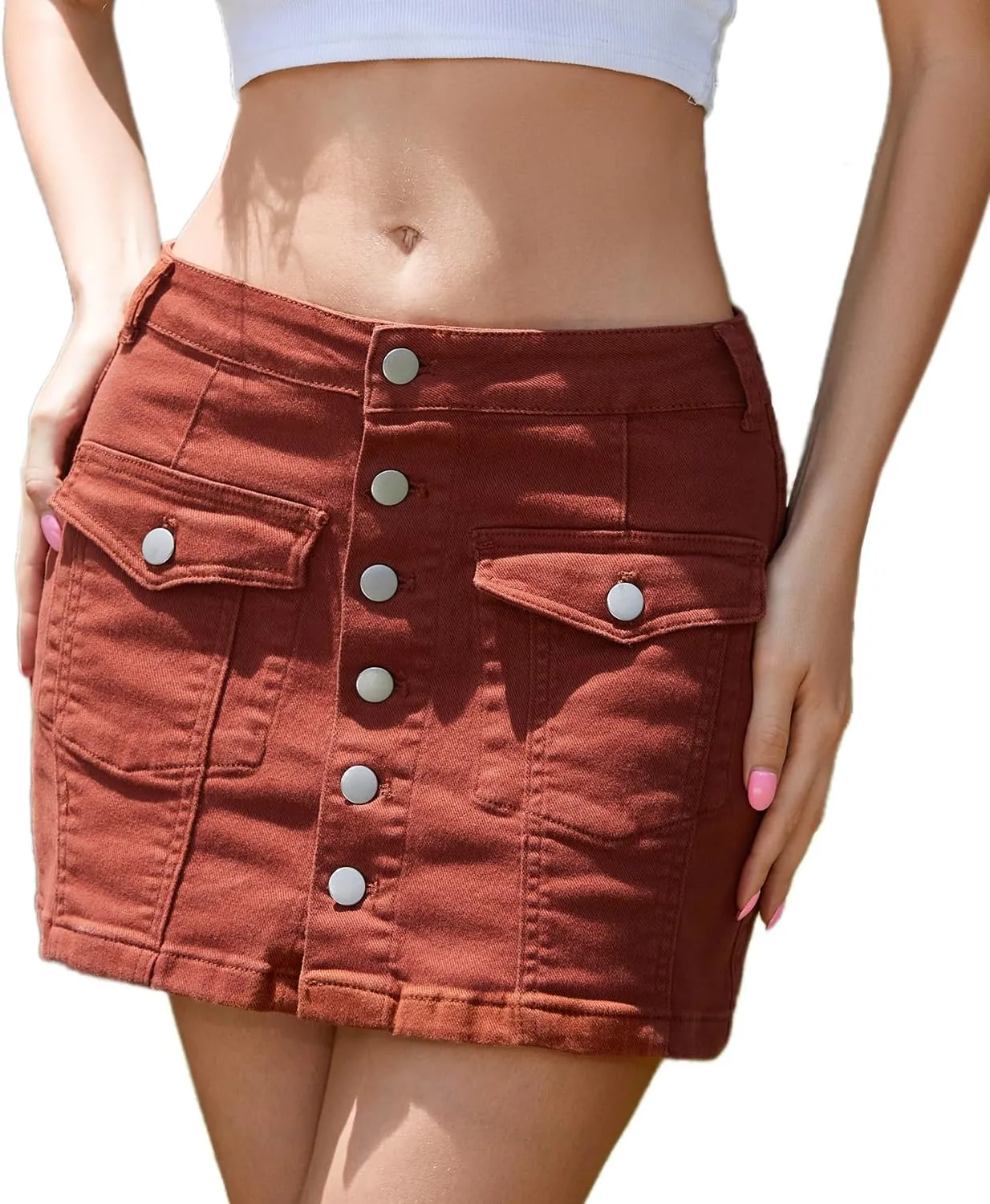 VIPONES Women Denim Skirt Mini Low Waist Stretchy Jean Skirt