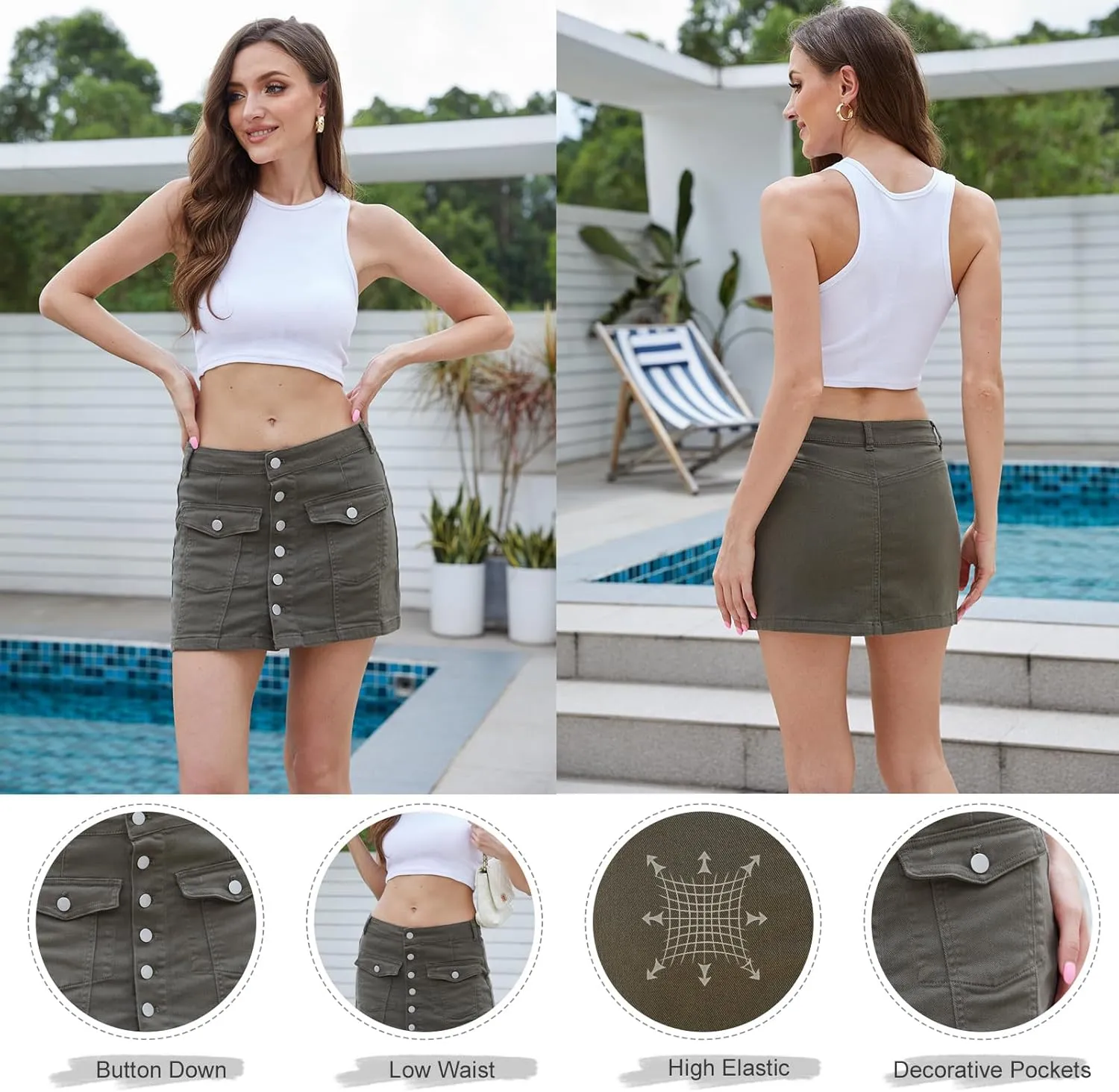 VIPONES Women Denim Skirt Mini Low Waist Stretchy Jean Skirt