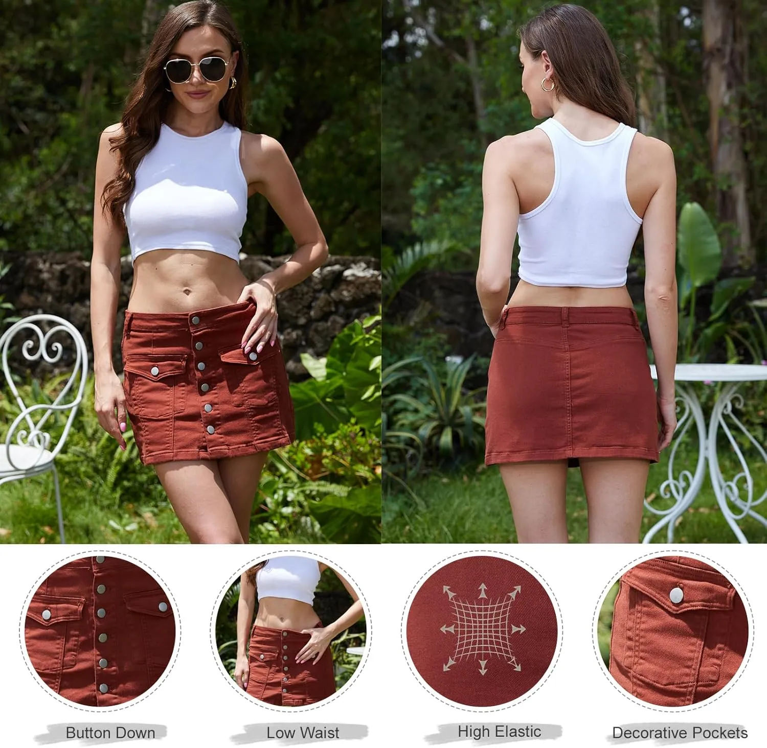 VIPONES Women Denim Skirt Mini Low Waist Stretchy Jean Skirt