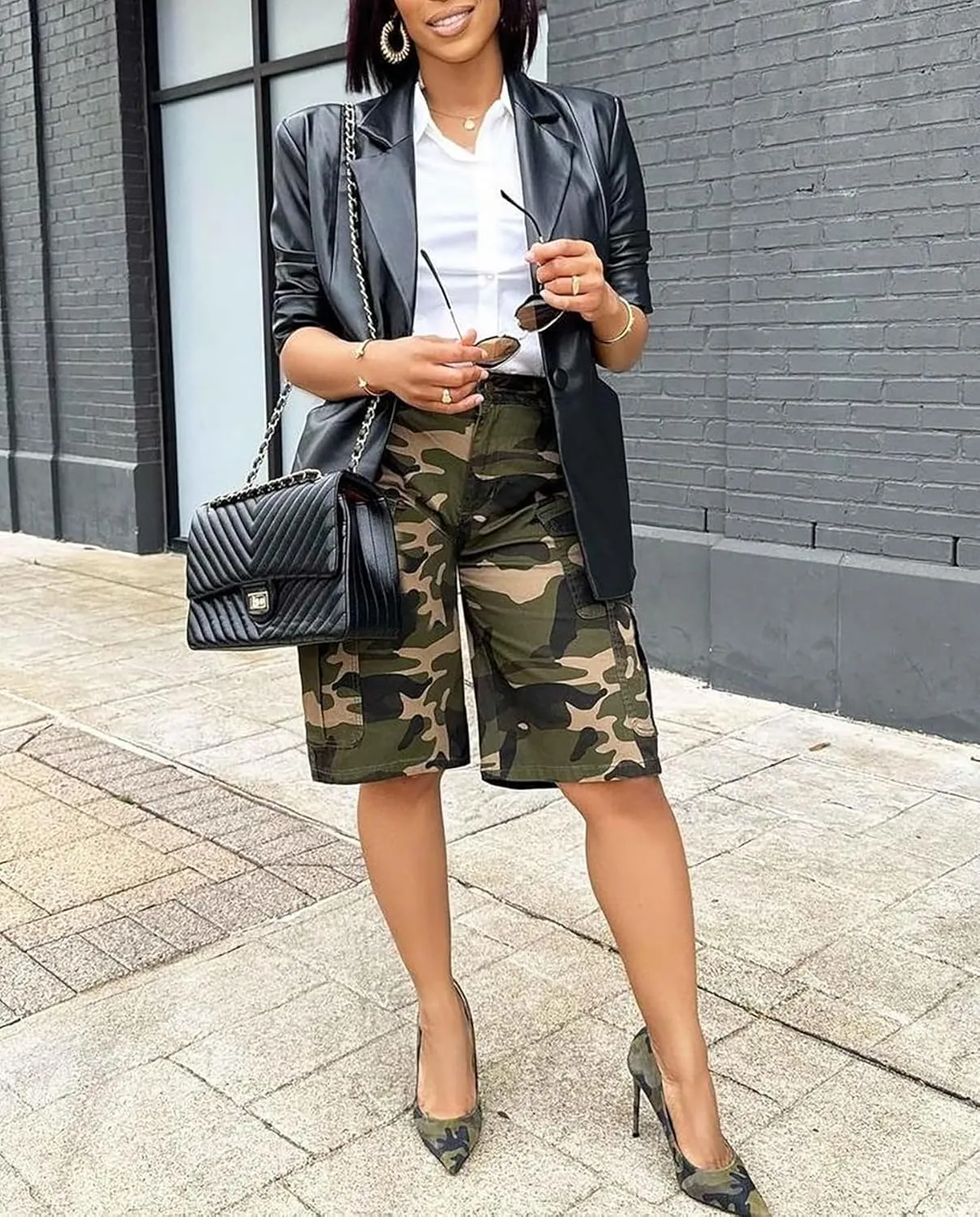 Voghtic Womens Camouflage Cargo Shorts Casual High Waisted Ripped Frayed Stretchy Jeans Shorts with Pockets