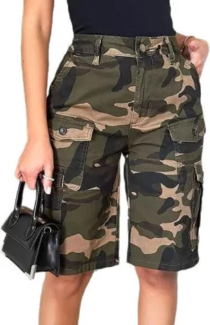 Voghtic Womens Camouflage Cargo Shorts Casual High Waisted Ripped Frayed Stretchy Jeans Shorts with Pockets