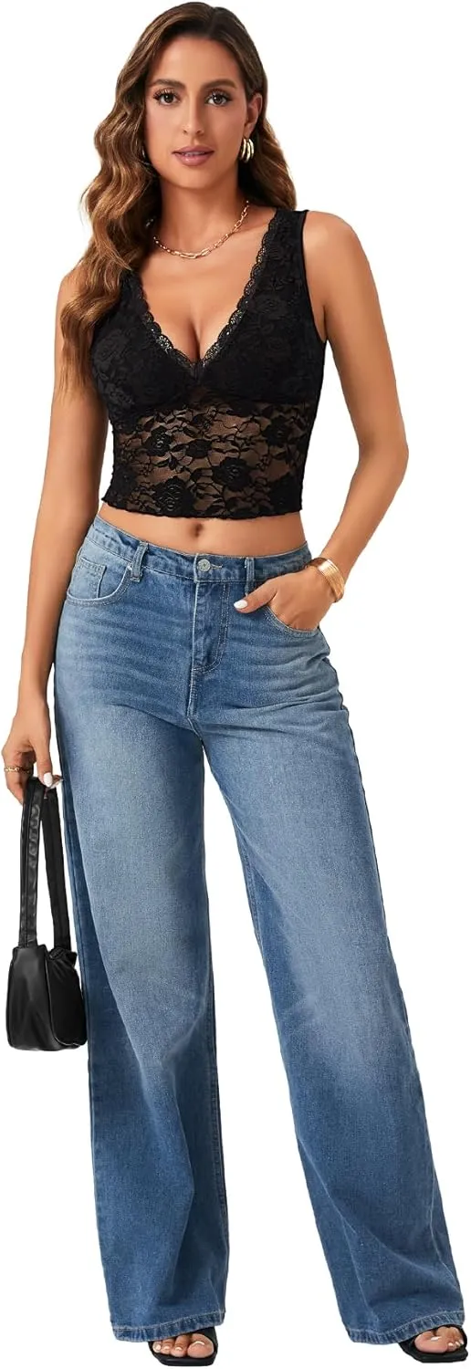 Vrtige Women's Sexy V Neck Lace Sleeveless Slim Fit Trendy Crop Cami Tank Top Blouse