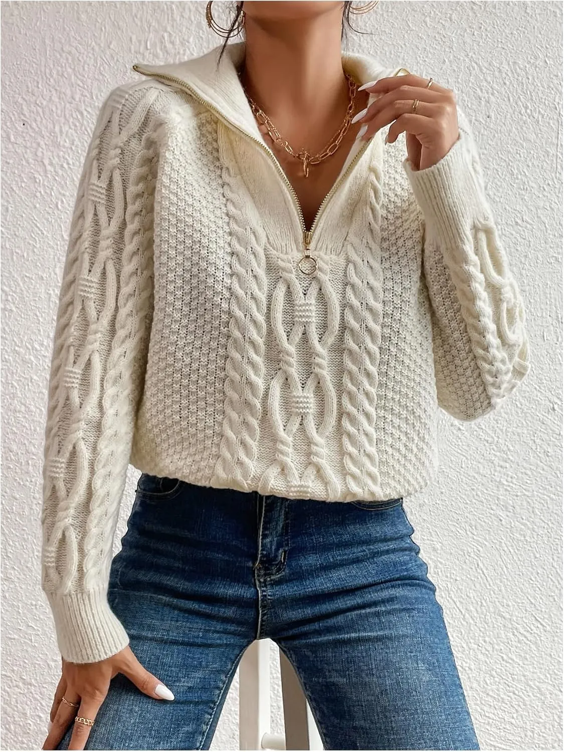 WDIRARA Women's Long Sleeve Half Zip V Neck Collar Ribbed Knitted Crochet Pullover Sweaters