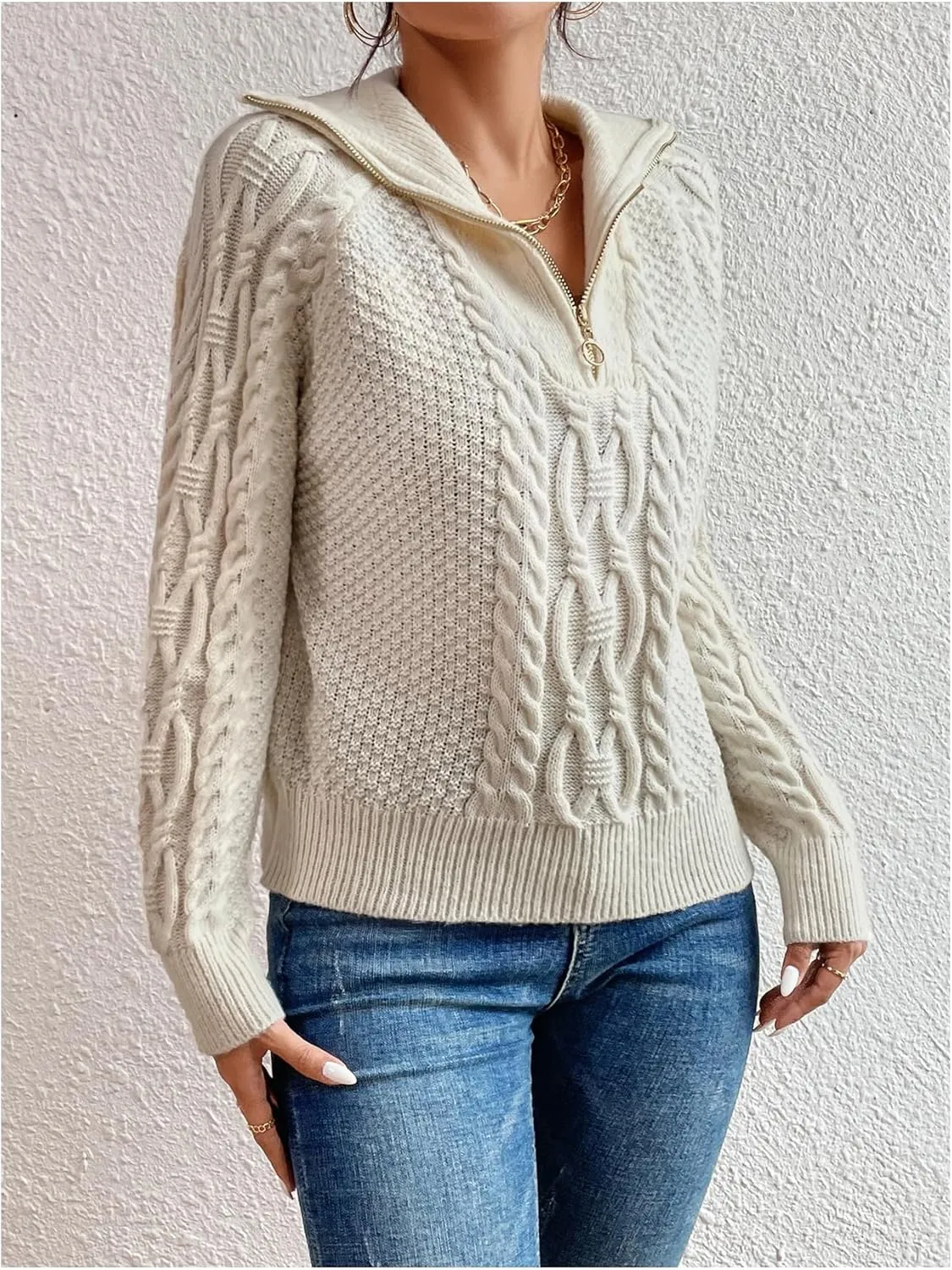 WDIRARA Women's Long Sleeve Half Zip V Neck Collar Ribbed Knitted Crochet Pullover Sweaters