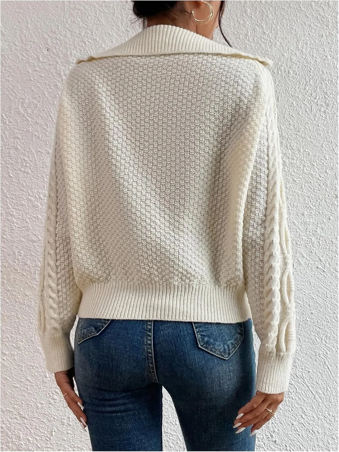 WDIRARA Women's Long Sleeve Half Zip V Neck Collar Ribbed Knitted Crochet Pullover Sweaters