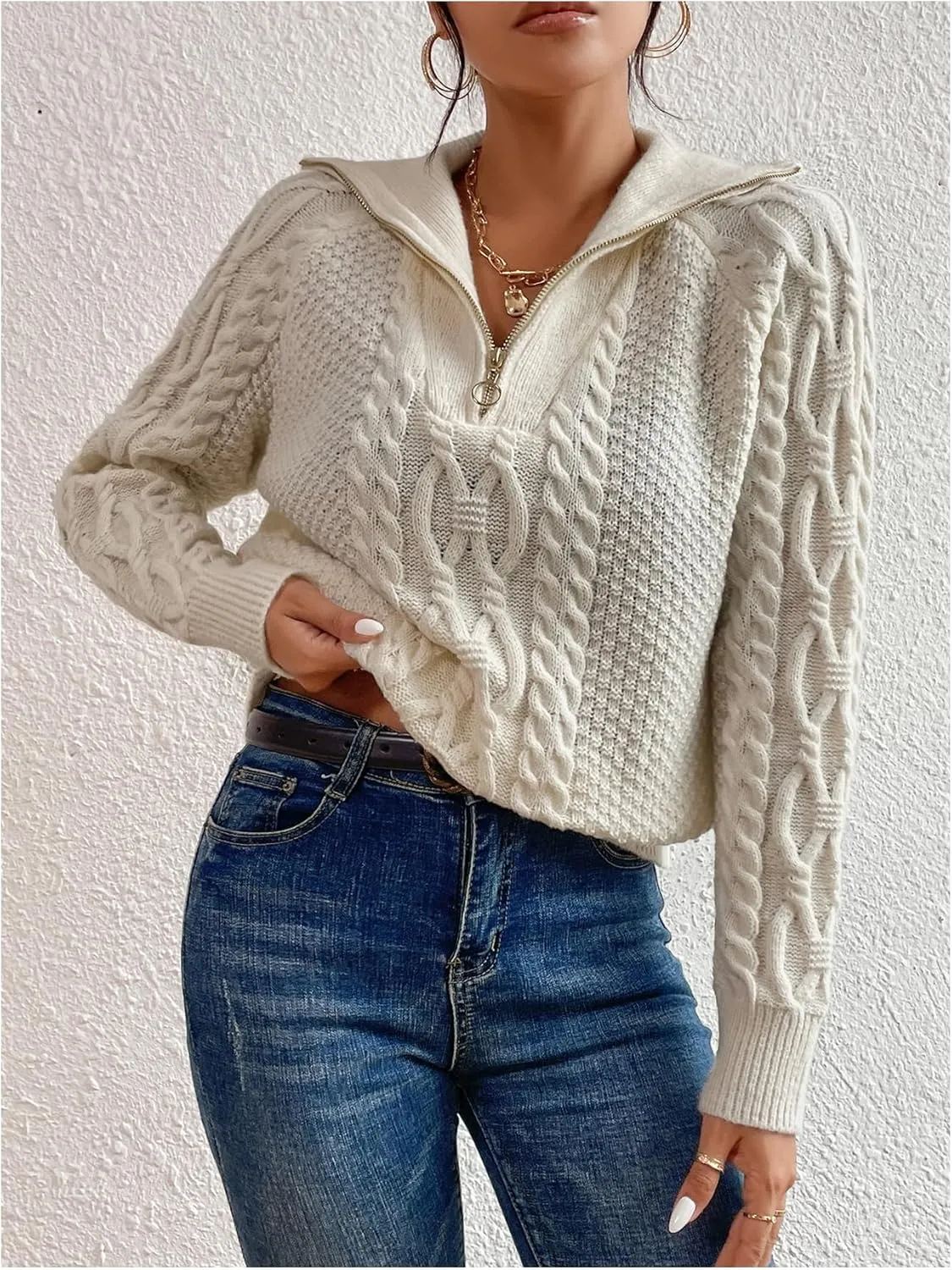 WDIRARA Women's Long Sleeve Half Zip V Neck Collar Ribbed Knitted Crochet Pullover Sweaters