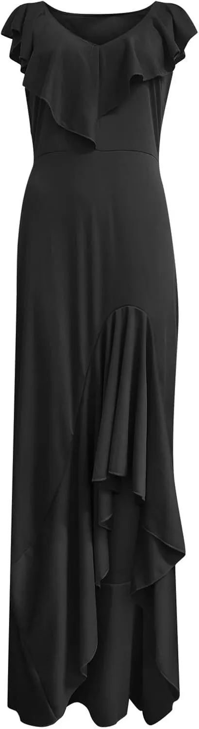 Wedding Guest Dresses for Women 2025 Elegant V Neck Ruffle Cocktail Dress Trendy Irregular Hem Maxi Formal Dress