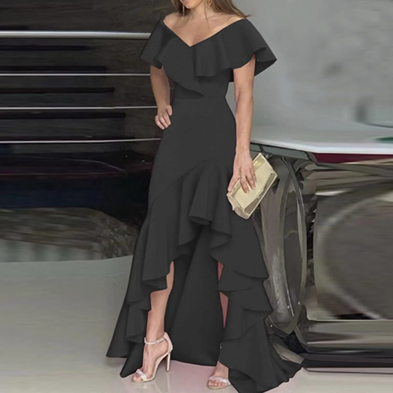 Wedding Guest Dresses for Women 2025 Elegant V Neck Ruffle Cocktail Dress Trendy Irregular Hem Maxi Formal Dress