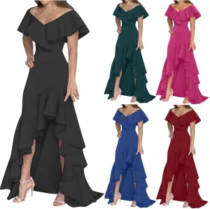 Wedding Guest Dresses for Women 2025 Elegant V Neck Ruffle Cocktail Dress Trendy Irregular Hem Maxi Formal Dress
