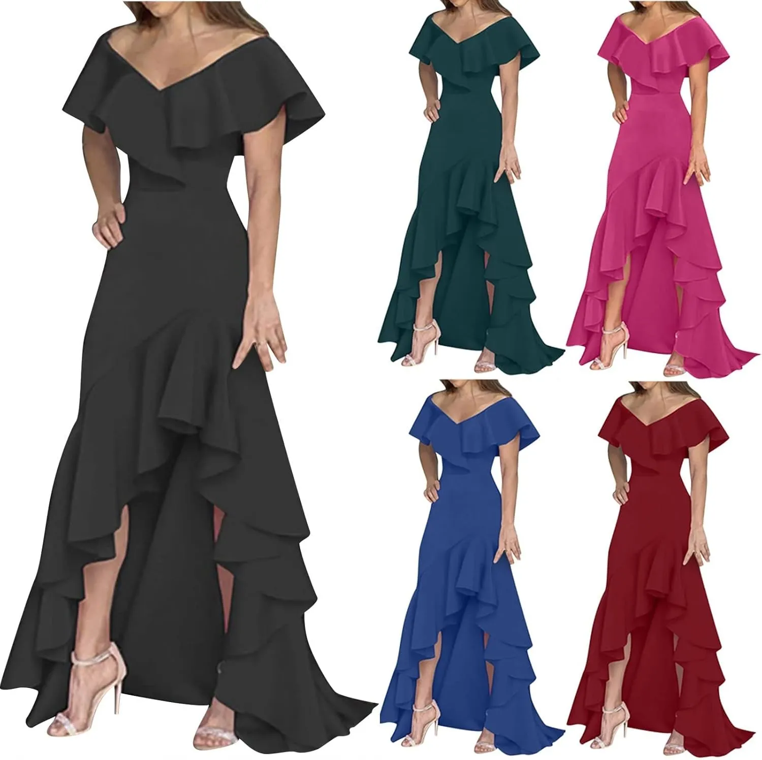 Wedding Guest Dresses for Women 2025 Elegant V Neck Ruffle Cocktail Dress Trendy Irregular Hem Maxi Formal Dress
