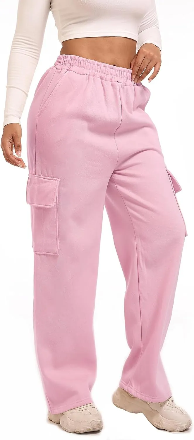 Wide Leg Cargo Sweatpants for Women High Waisted Baggy Fleece Joggers Casual Athletic Sweats Pants with Pockets